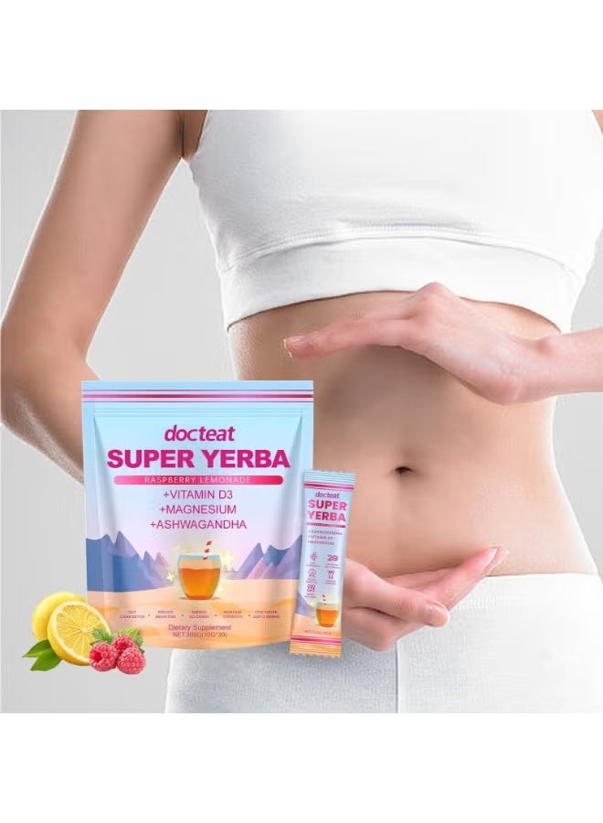 دوكتيت Docteat Super Mate Tea Raspberry Lemon Flavor - 30 كيس مشروب طاقة منخفض السكر يخفف من التعب وينشط ويمنع النعاس - مكمل غذائي غذائي - Image 3